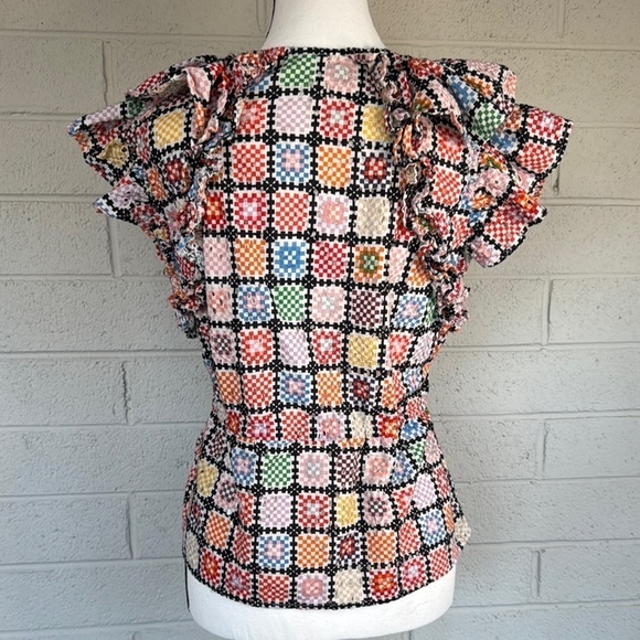 Maeve Ruffled Tie Waist Blouse in Colorful Granny-Square Eyelet Print, S - Picture 9 of 16